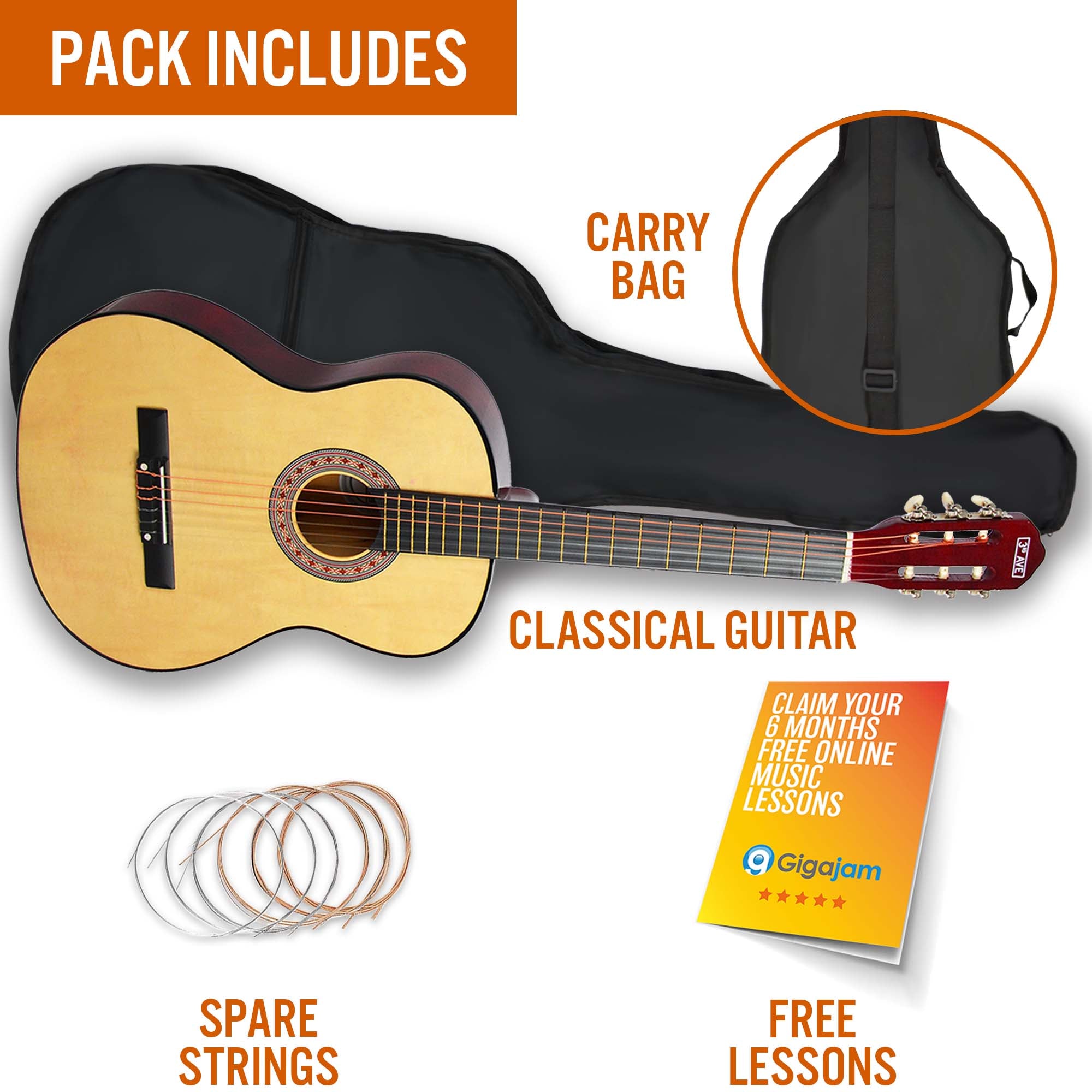 3rd Avenue Full Size Classical Guitar Pack