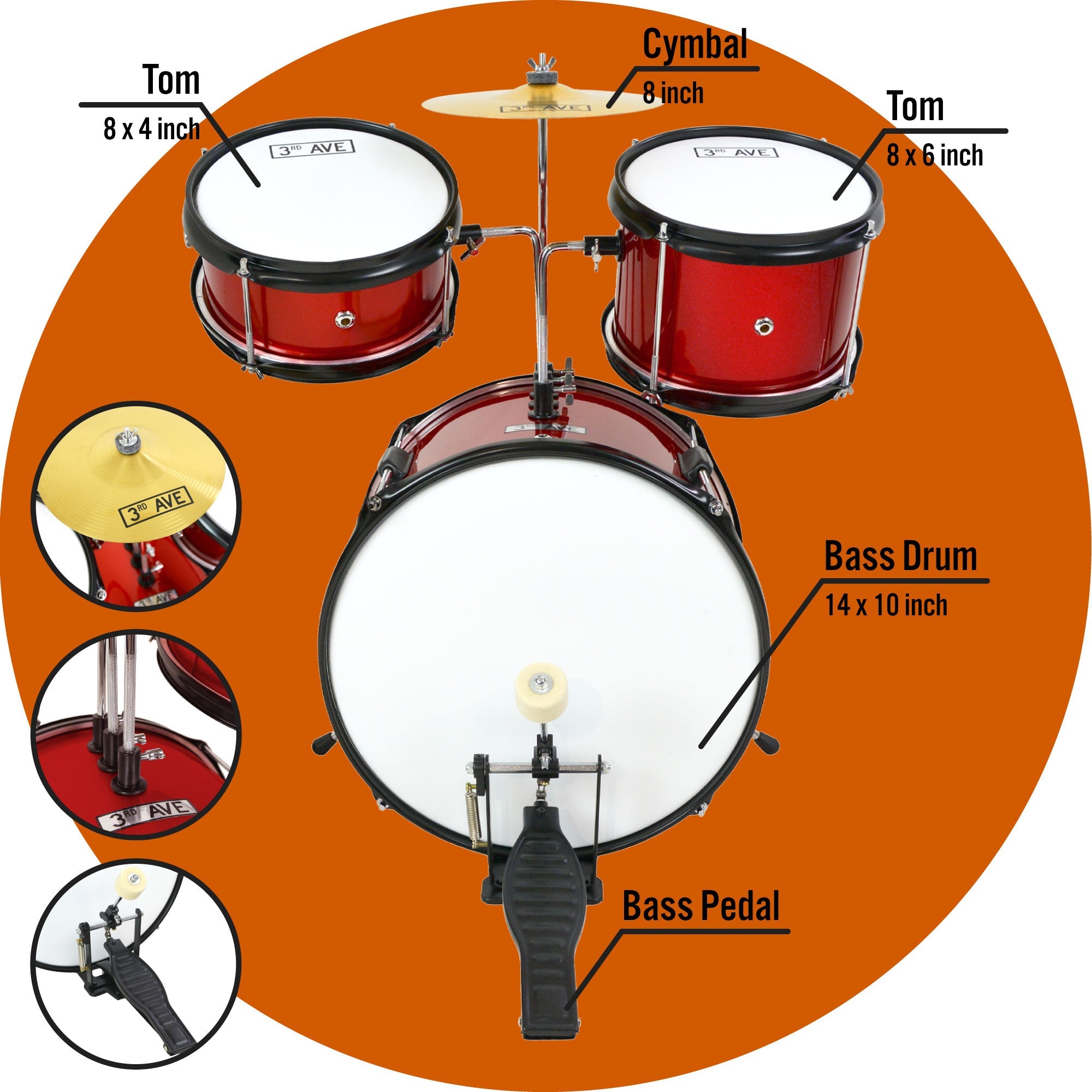 3rd Avenue 3 Piece Junior Drum Kit#colour_Red