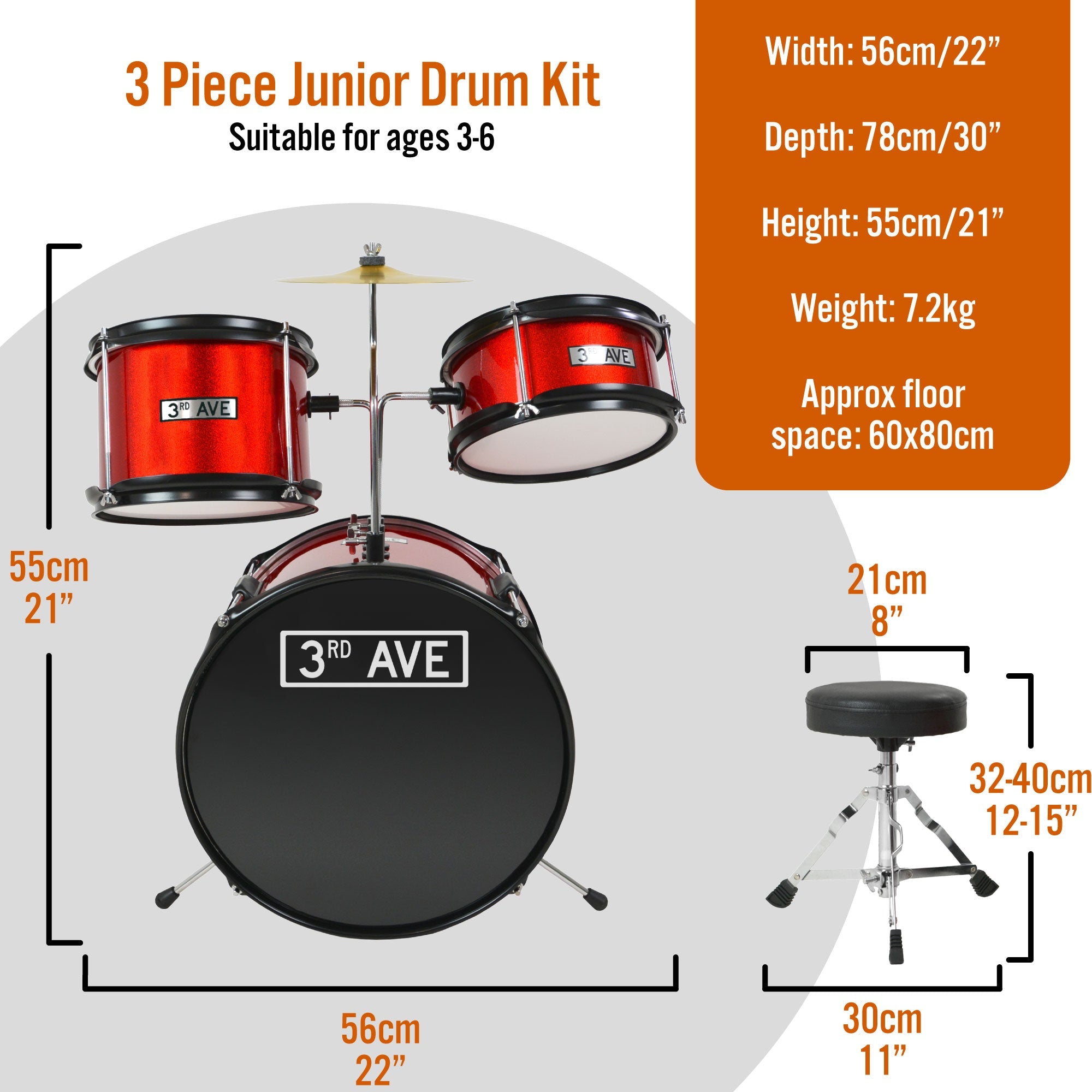 3rd Avenue 3 Piece Junior Drum Kit#colour_Red