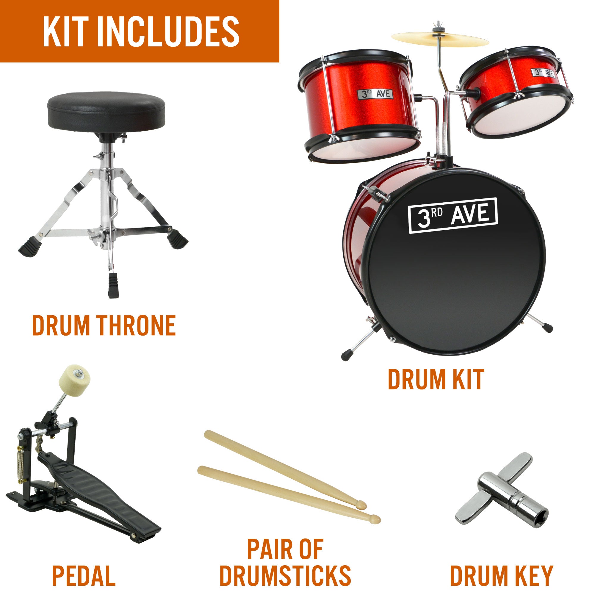 3rd Avenue 3 Piece Junior Drum Kit#colour_Red