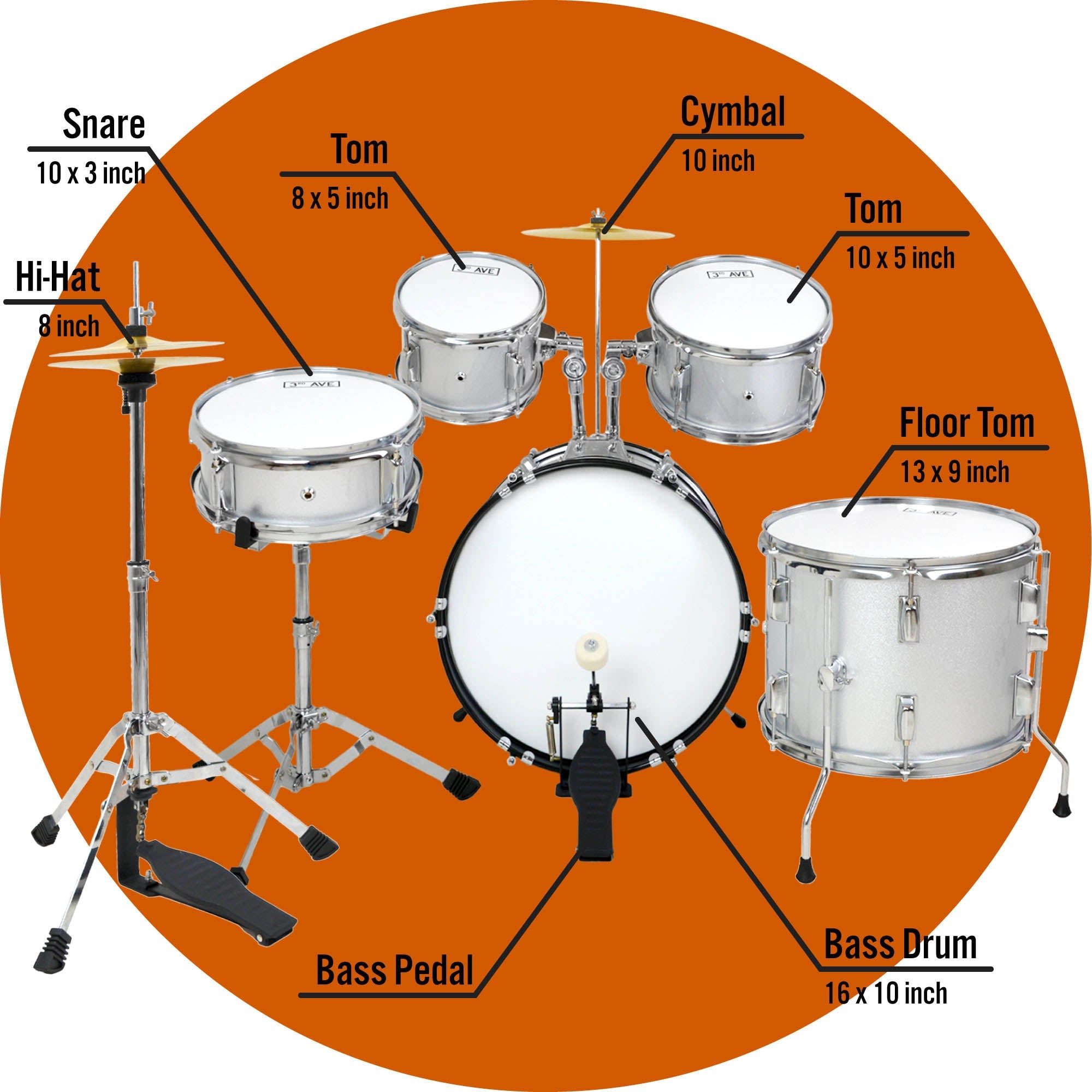 3rd Avenue 5 Piece Junior Drum Kit#Colour_Silver