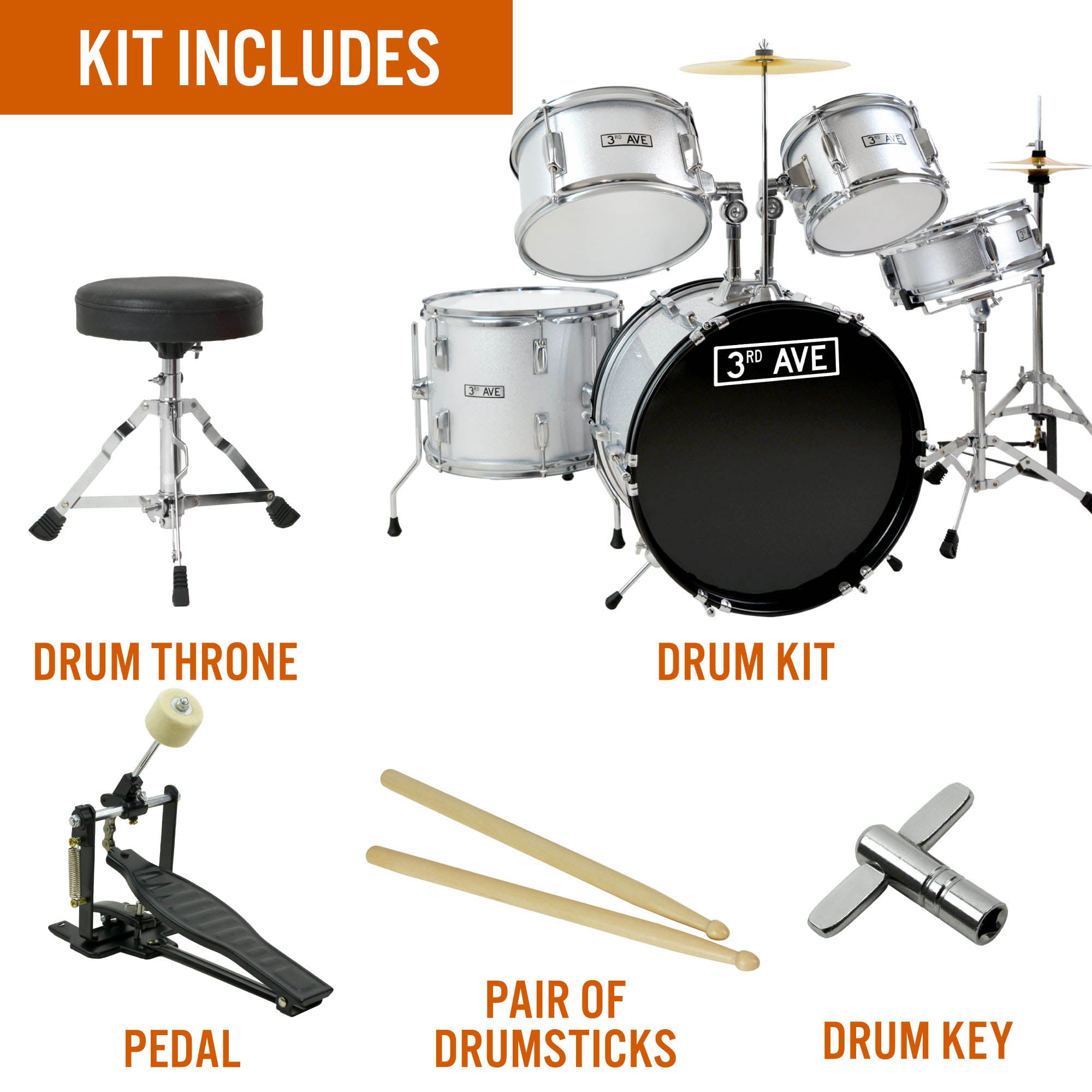 3rd Avenue 5 Piece Junior Drum Kit#Colour_Silver