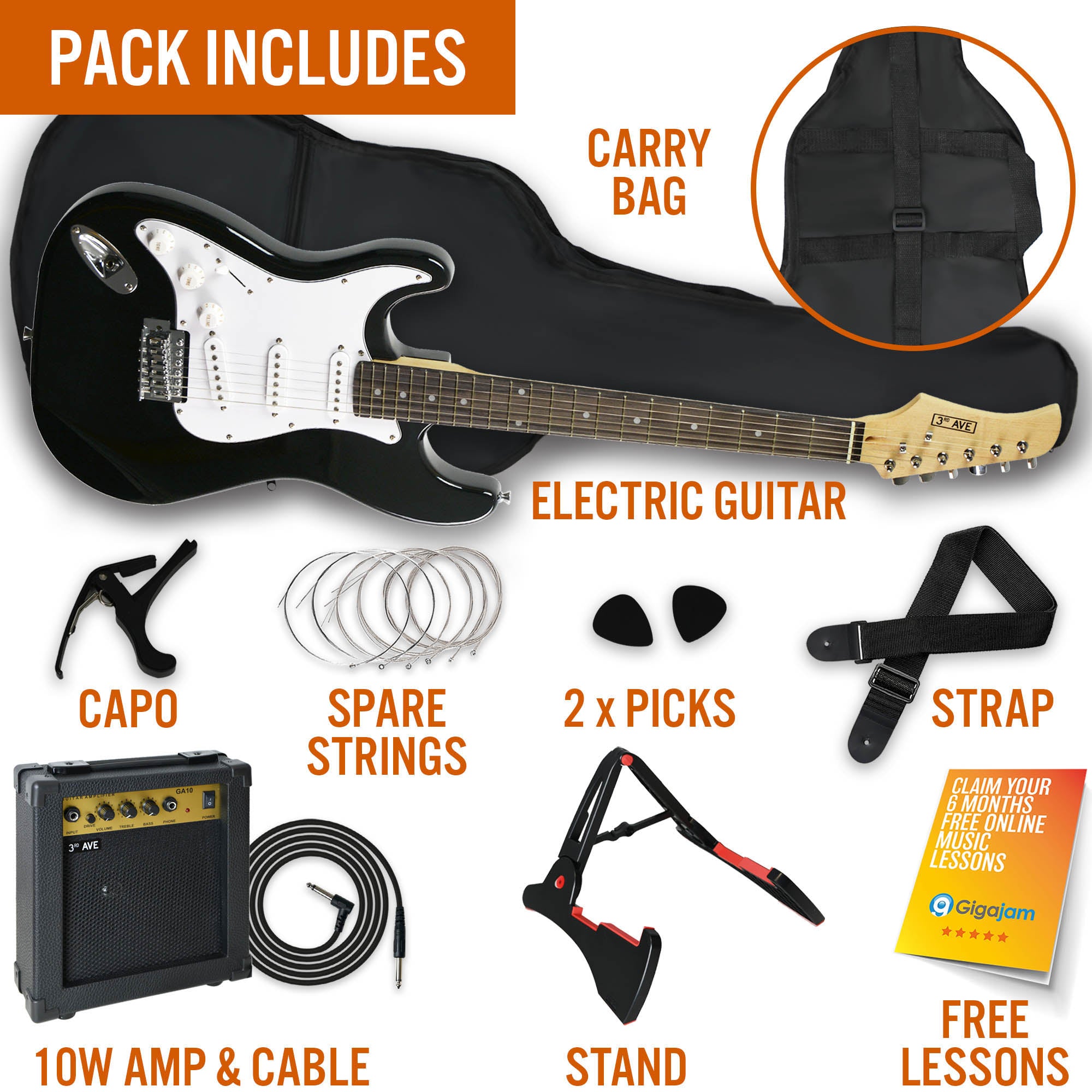 3rd Avenue Full Size Left Hand Electric Guitar Pack - Black