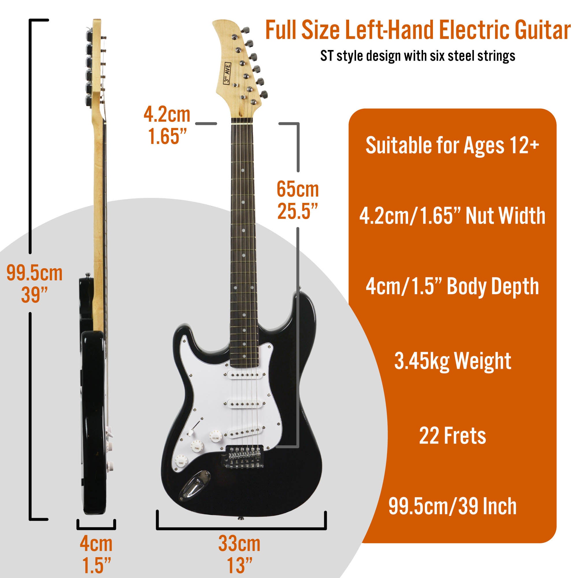 3rd Avenue Full Size Left Hand Electric Guitar Pack - Black