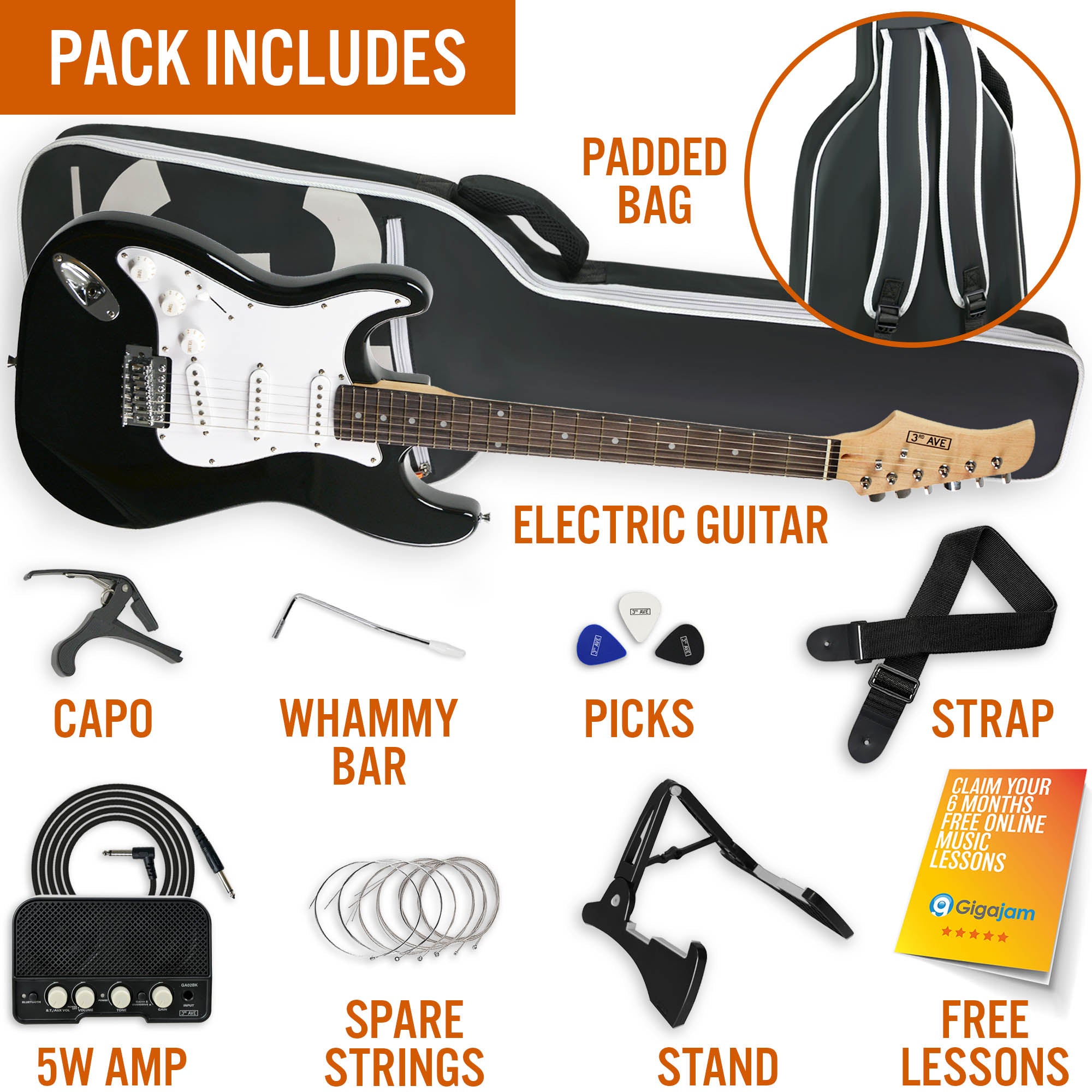 3rd Avenue Full Size Left Hand Electric Guitar Pack - Black