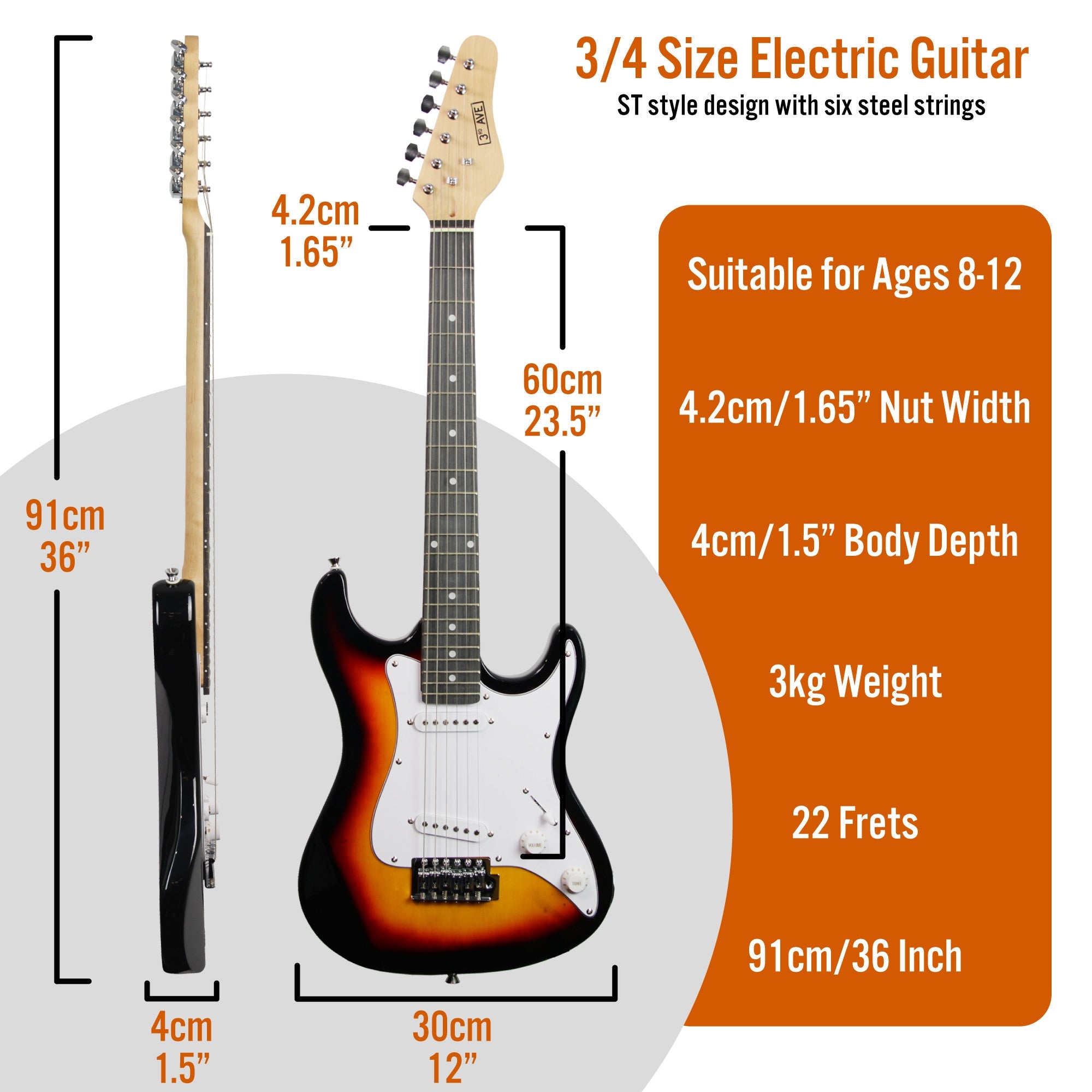 3rd Avenue 3/4 Size Electric Guitar Electric Guitars#Colour_Sunburst
